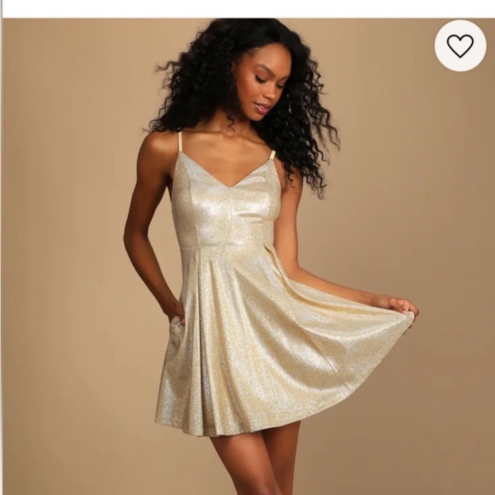 Lulus Lookout Weekend Sparkly Gold Skater Dress, size M